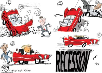 Political Cartoon U.S. American Economic Recession Obama Fixed Trump Crashes