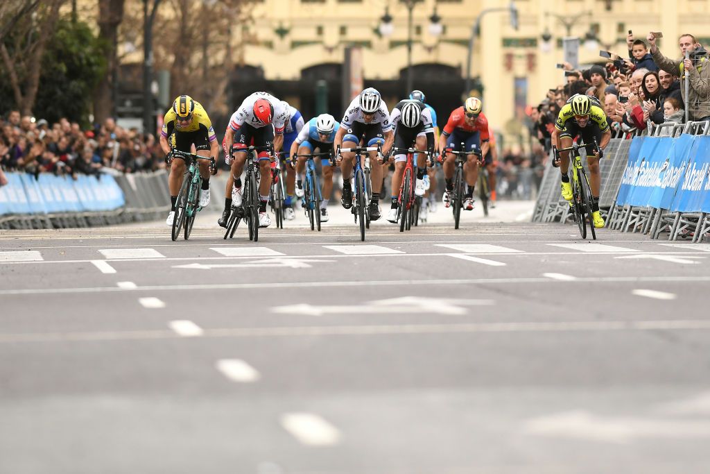 The sprinters round the final corner on stage 5 of the Volta a la Comunitat Valenciana