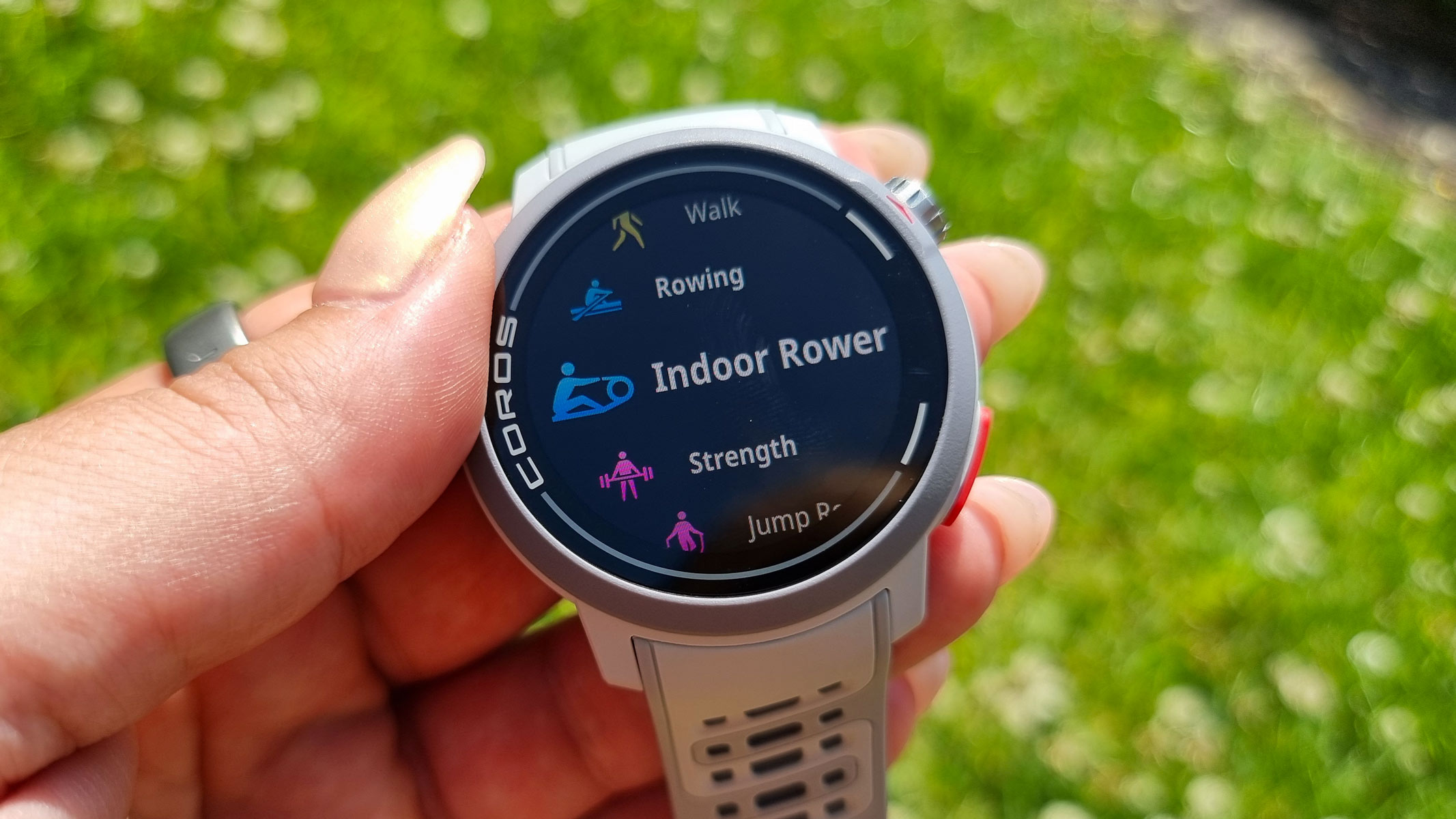 A close-up picture of the activity screen in the Coros Pace Pro