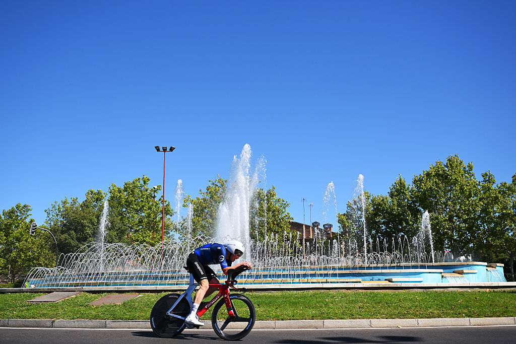 VALLADOLID, SPAIN - SEPTEMBER 11: Stefan Kung of Switzerland and Team Groupama - FDJ competes during the La Vuelta - 80th Tour of Spain 2025, Stage 18 a 12.2km individual time trial stage from Valladolid to Valladolid / Stage shortened for safety reasons / #UCIWT / on September 11, 2025 in Valladolid, Spain. (Photo by Tim de Waele/Getty Images)