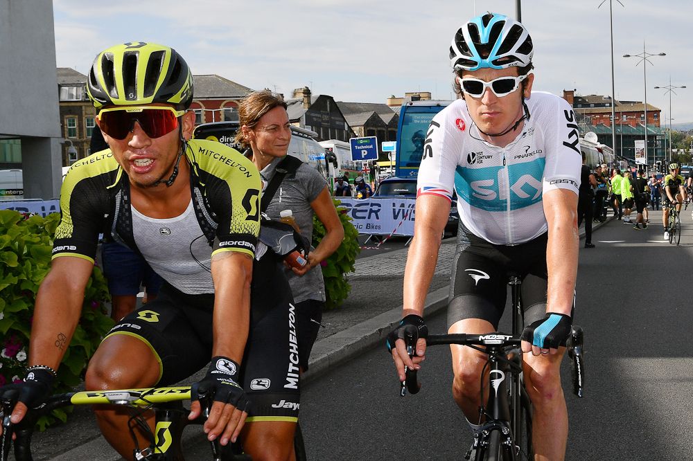 Caleb Ewan and Geraint Thomas after stage 1 at the tour of Britain