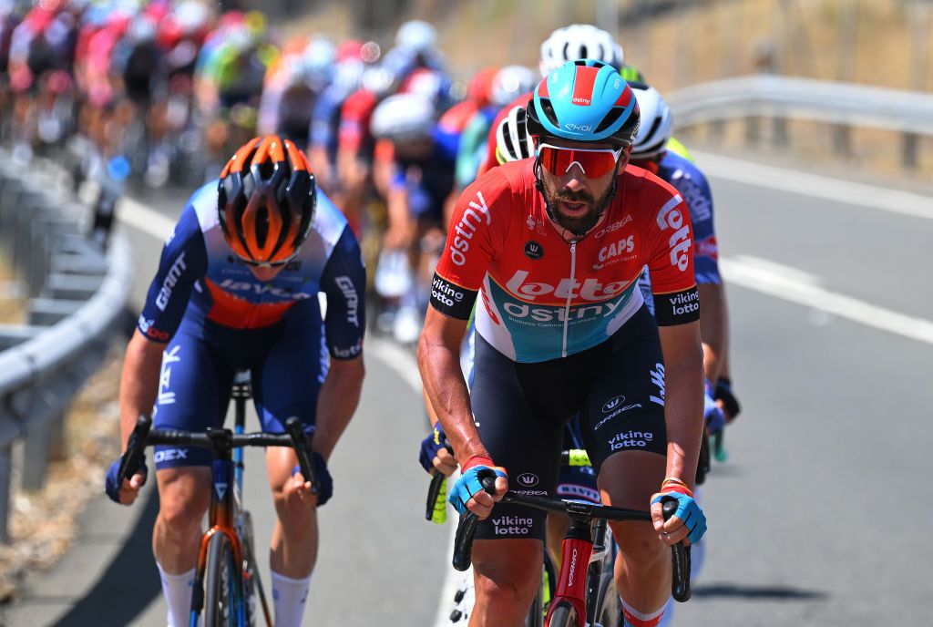 PICO VILLUERCAS SPAIN AUGUST 20 Thomas De Gendt of Belgium and Team Lotto Dstny competes during the La Vuelta 79th Tour of Spain 2024 Stage 4 a 1705km stage from Plasencia to Pico Villuercas 1544m UCIWT on August 20 2024 in Pico Villuercas Spain Photo by Tim de WaeleGetty Images