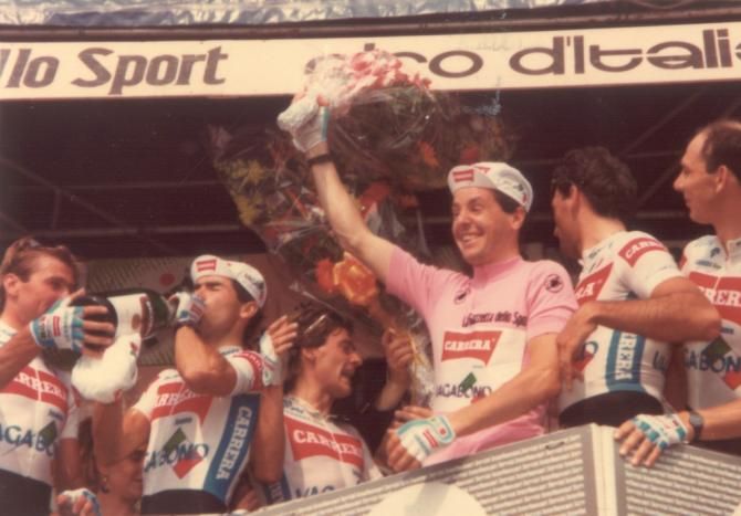 Stephan Roche celebrates in the maglia rosa after the 1987 Giro team time trial