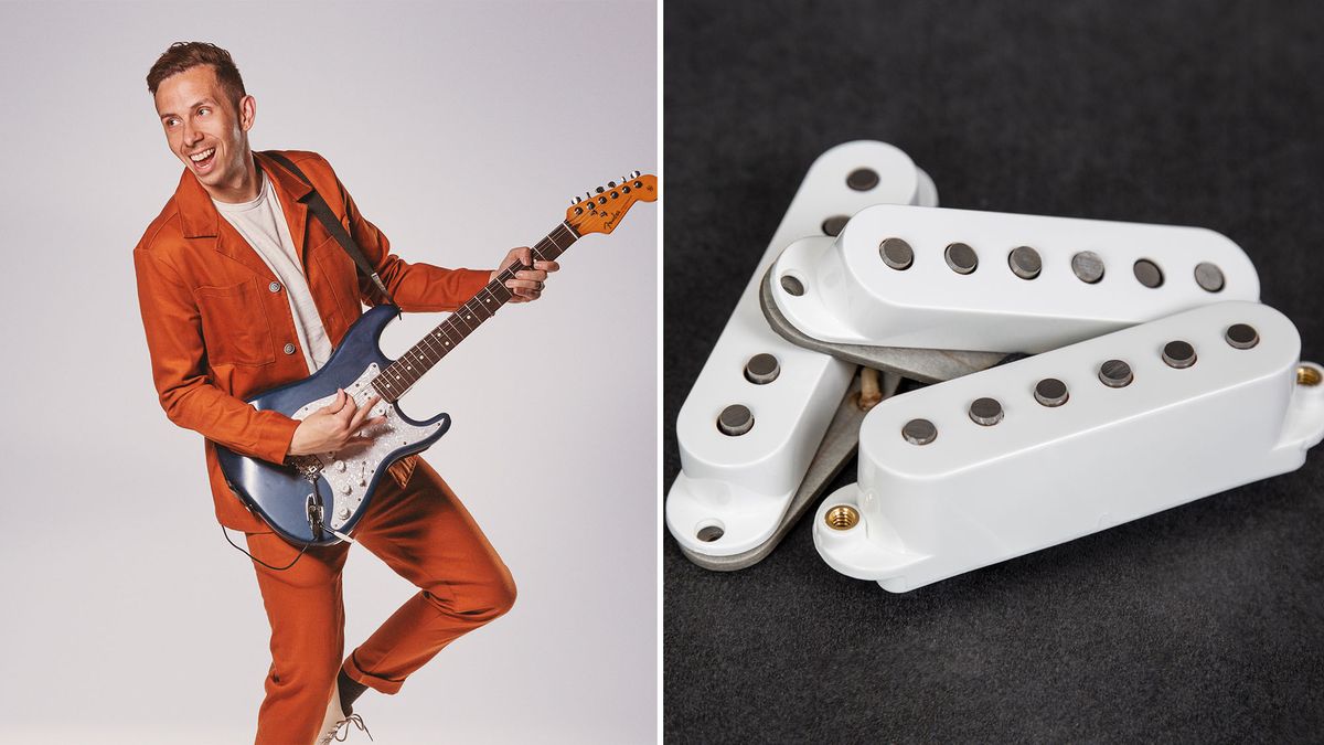 Cory Wong holds his signature Stratocaster (left), Cory Wong&#039;s Seymour Duncan signature Clean Machine pickups