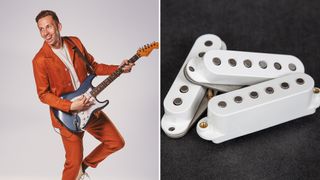 Cory Wong holds his signature Stratocaster (left), Cory Wong's Seymour Duncan signature Clean Machine pickups
