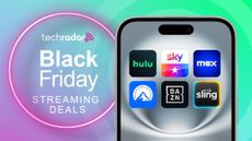 The Max; Disney; Sky; Paramount; DAZN; and Sling logos on a phone next to the words 'Black Friday streaming deals' 