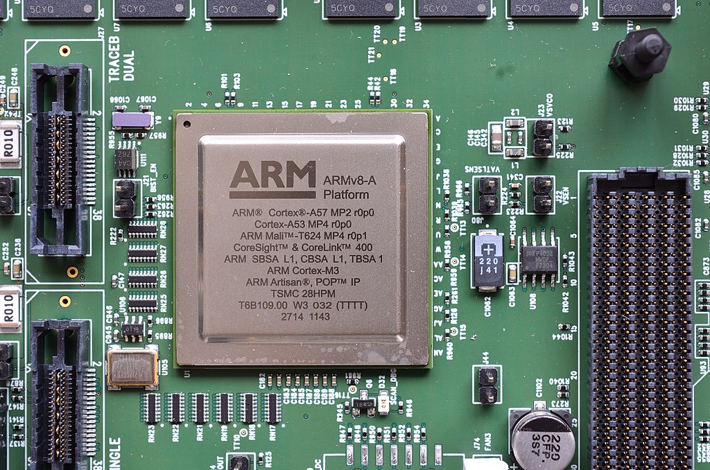 Image showing an ARM V8-A CPU on a circuitboard.