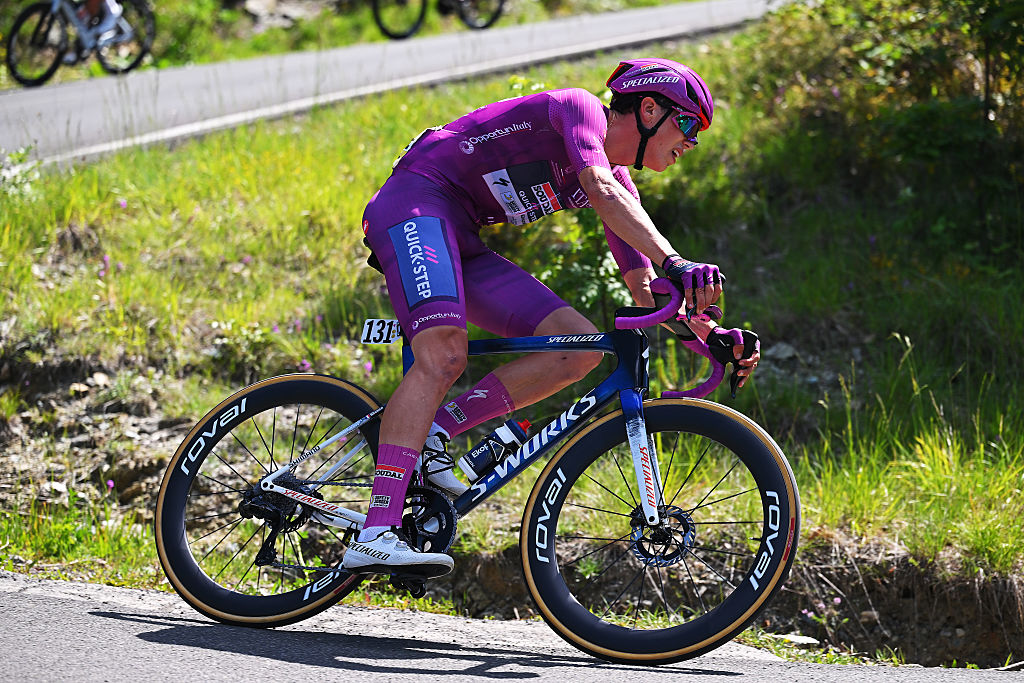 NOVI LIGURE, ITALY - MAY 21: Paul Magnier of France and Team Soudal Quick-Step - Purple Points Jersey dropped from the peloton during the 109th Giro d&amp;amp;apos;Italia 2026, Stage 12 a 175km stage from Imperia to Novi Ligure / #UCIWT / on May 21, 2026 in Novi Ligure, Italy. (Photo by Tim de Waele/Getty Images)