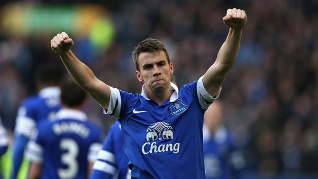 Everton&amp;#039;s Seamus Coleman celebrates at Goodison Park