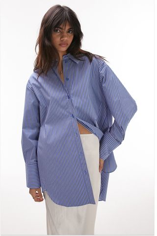Topshop Stripe Oversize Cotton Blend Button-Up Shirt