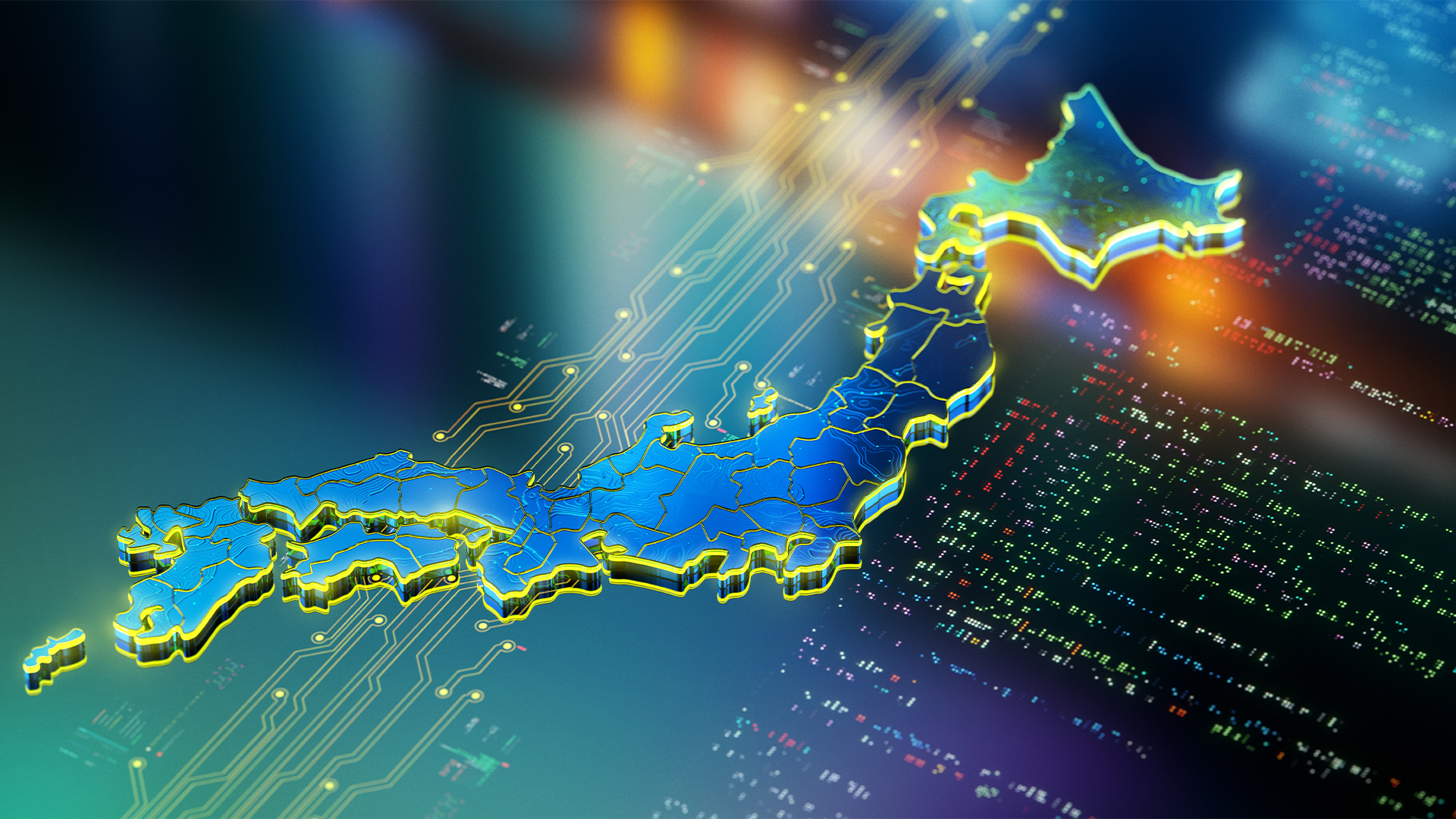 Digitized map of Japan overlayed on a digital interface with binary code.