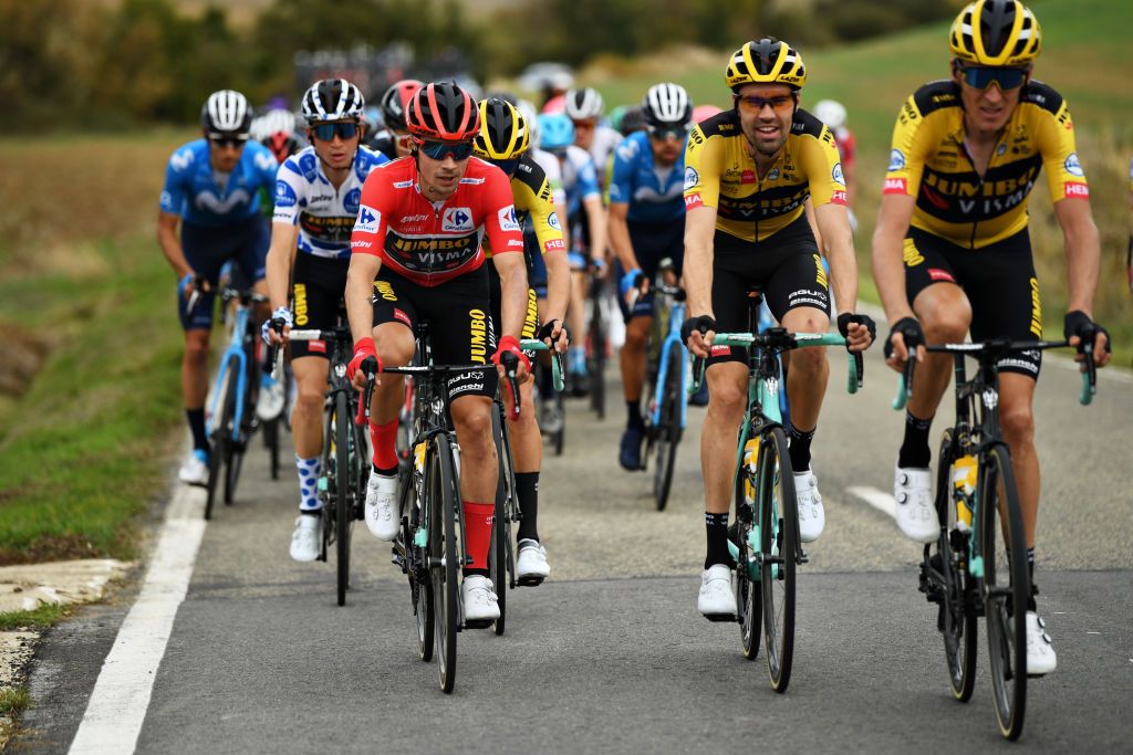 LEKUNBERRI SPAIN OCTOBER 21 Primoz Roglic of Slovenia and Team Jumbo Visma Red Leader Jersey George Bennett of New Zealand and Team Jumbo Visma Tom Dumoulin of The Netherlands and Team Jumbo Visma Robert Gesink of The Netherlands and Team Jumbo Visma during the 75th Tour of Spain 2020 Stage 2 a 1516km stage from Pamplona to Lekunberri lavuelta LaVuelta20 La Vuelta on October 21 2020 in Lekunberri Spain Photo by David RamosGetty Images