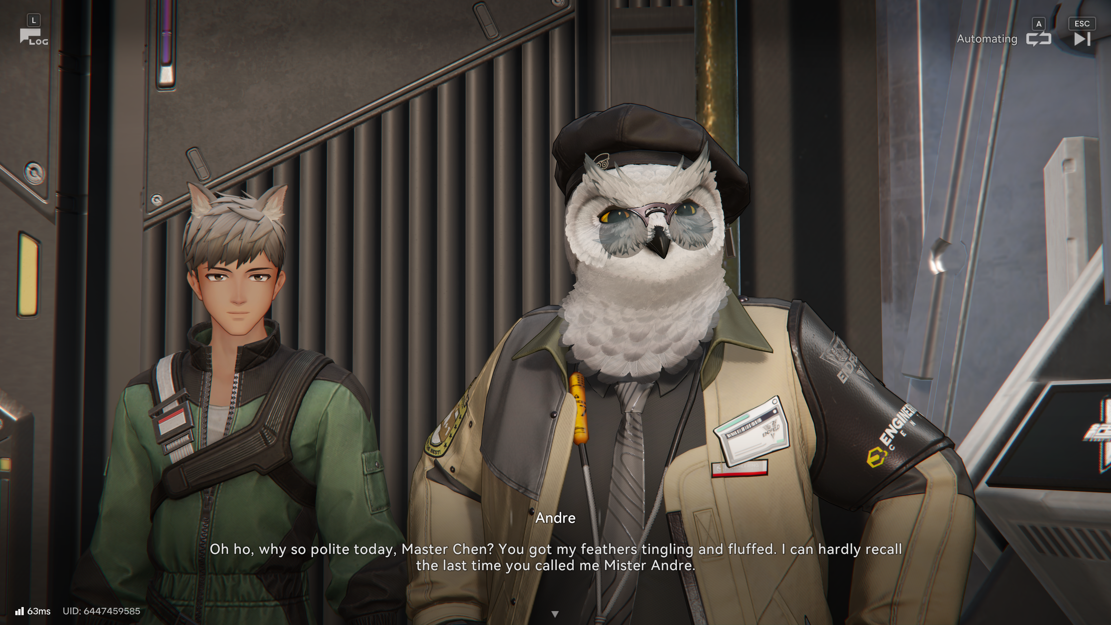 A screenshot of Arknights: Endfield. A cutscene with an owl man wearing a beige jacket and another man with dog ears.