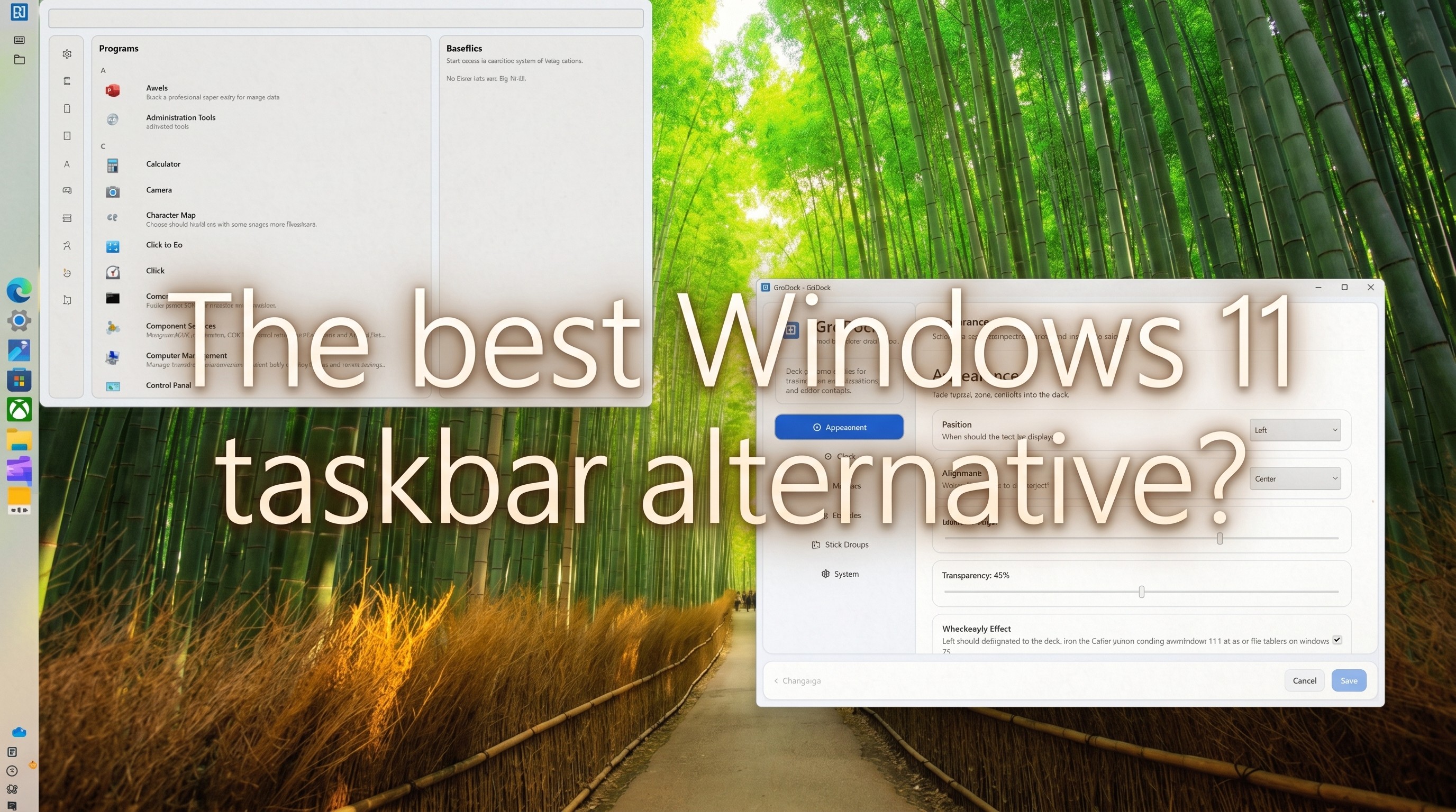 Overlay of open GroDock windows on a bamboo forest background with text asking if it's the best Windows 11 taskbar alternative.