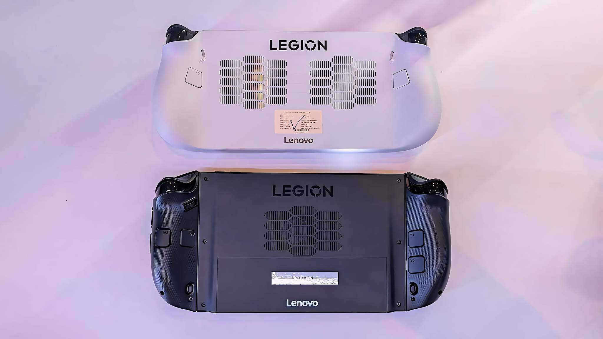 Back view of the Lenovo Legion Go S above a Legion Go 2.