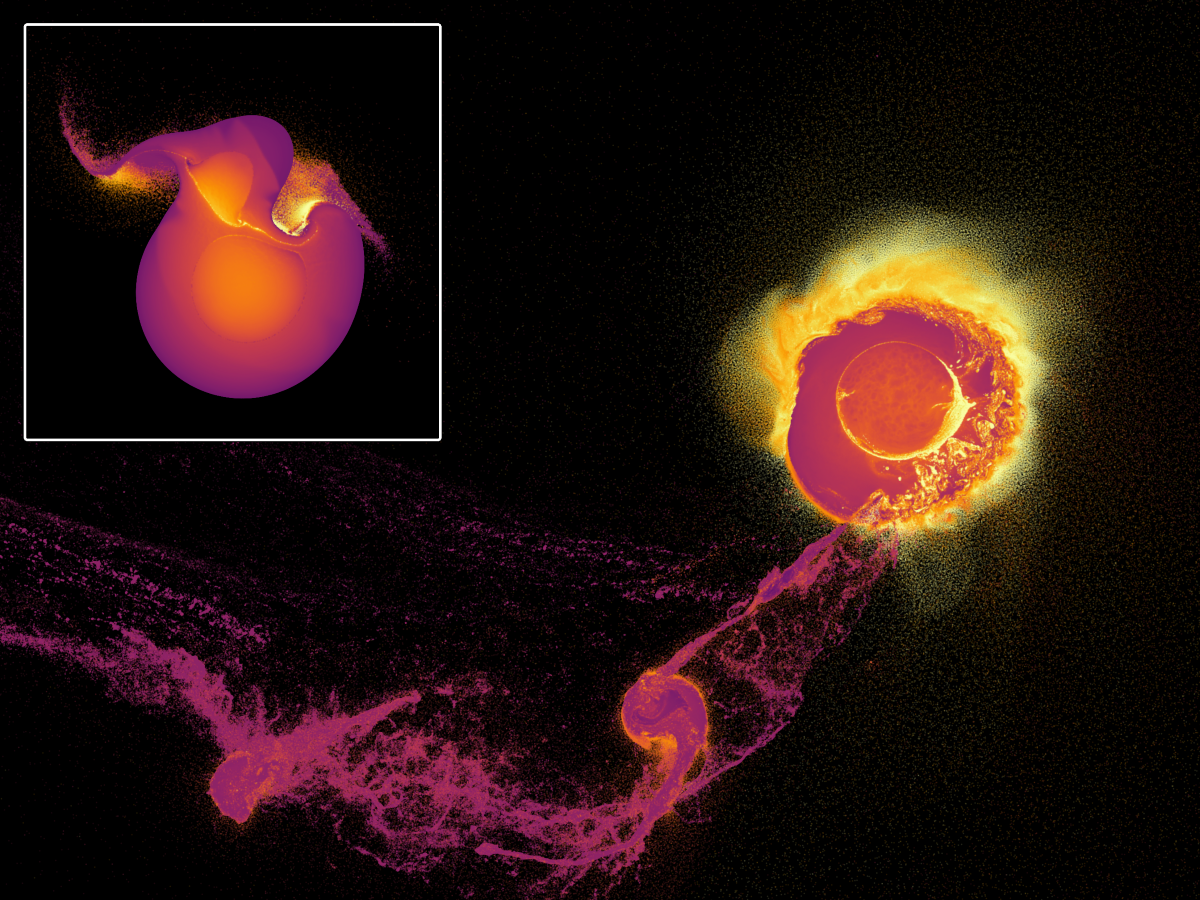 High-resolution simulation of a Moon-forming impact colored by the temperature.