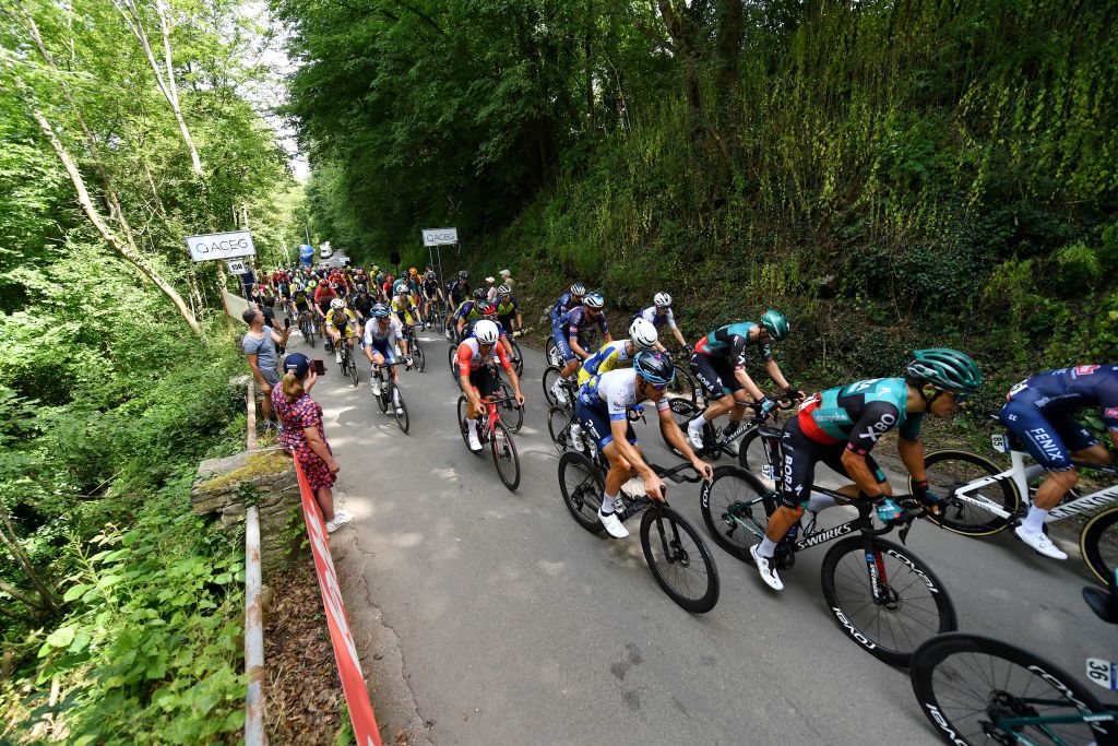 DURBUY BELGIUM JUNE 18 Guillaume Boivin of Canada Matthias Brandle of Austria and Team Israel Premier Tech Danny Van Poppel of Netherlands and Team Bora Hansgrohe and a general view of the peloton passing through a wooded area during the 91st Baloise Belgium Tour 2022 Stage 4 a 1722km stage from Durbuy to Durbuy BaloiseBelgiumTour on June 18 2022 in Durbuy Belgium Photo by Luc ClaessenGetty Images