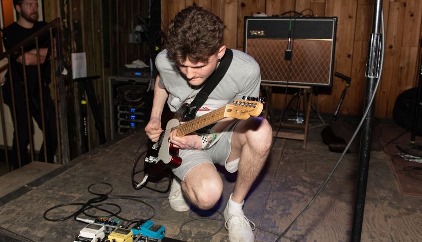 Matt Kwasniewski-Kelvin performs onstage with Black Midi at Barracuda Backyard in Austin, Texas on March 13, 2019