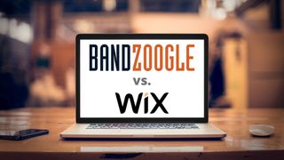 Bandzoogle and Wix logo on laptop screen on a desk