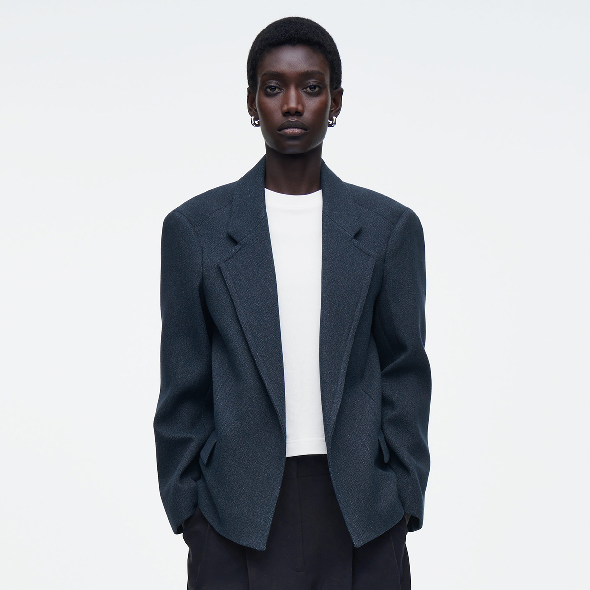 Oversized Exaggerated-Shoulder Denim-Look Blazer