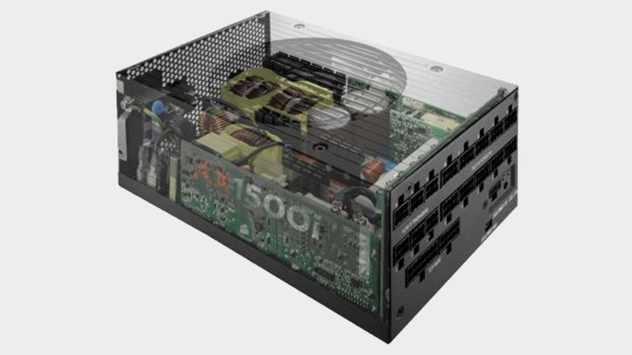 Transparent illustrative image of the inside of a Corsair power supply.