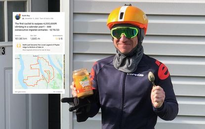 Keith Roy holding a tub of peanut butter with his Strava ride file embedded on the photo