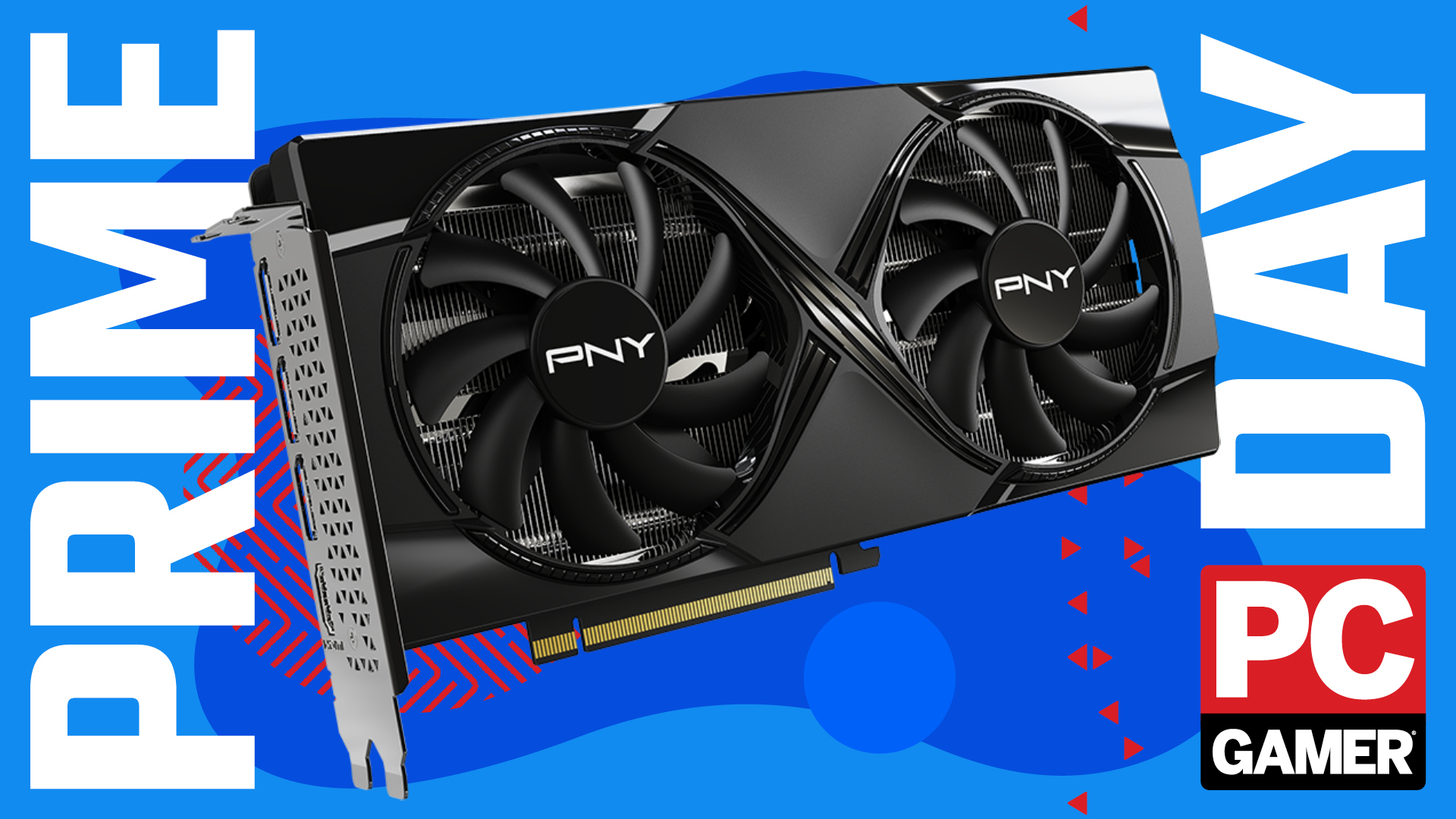 A PNY RTX 5060 TI 8 GB graphics card on a blue and red Prime Day deals background