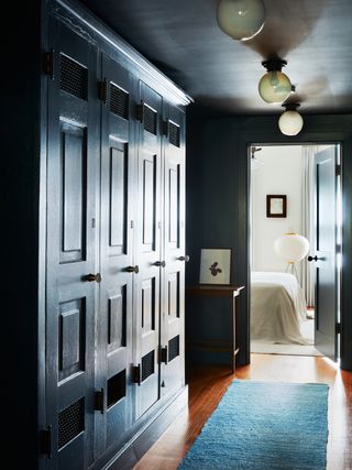 A deep blue hallway with built in wardrobes