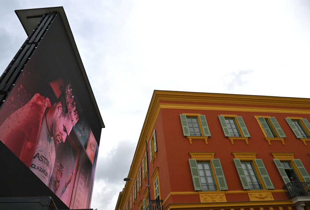 NICE FRANCE JULY 21 Mark Cavendish of The United Kingdom and Astana Qazaqstan Team on screen prior to the 111th Tour de France 2024 Stage 21 a 337km individual time trial from Monaco to Nice UCIWT on July 21 2024 in Nice France Photo by Tim de WaeleGetty Images
