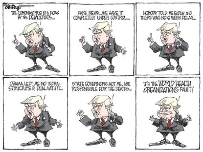 Political Cartoon U.S. Trump coronavirus string of lies blaming