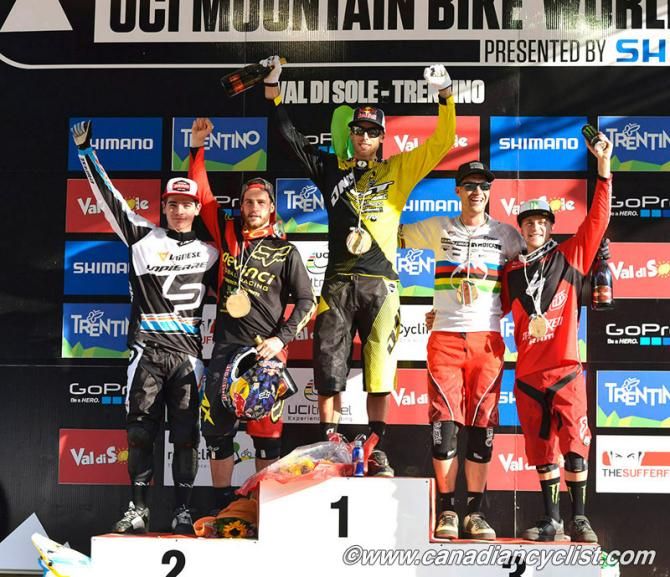 Elite men's podium: Loic Bruni, Steve Smith, Gee Atherton, Greg Minaar, Troy Brosnan