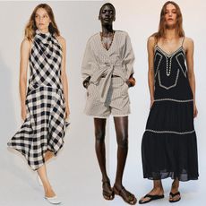 Model wear Zara. One wears gingham dress. Another wears black embroidered dress. The one in the middle wears a matching set. 