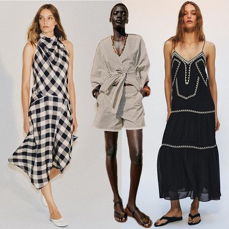 Model wear Zara. One wears gingham dress. Another wears black embroidered dress. The one in the middle wears a matching set. 