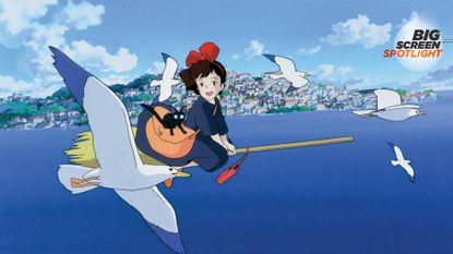 A still from Kiki's Delivery Service featuring Kiki and her feline familiar Jiji flying on a broom with some seagulls, with a Big Screen Spotlight logo ini the corner