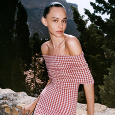 Alaia gingham off-the-shoulder midi dress