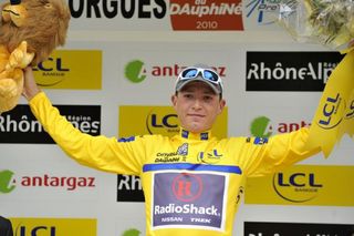 Slovenia's Janez Brajkovic (Team RadioShack) on the podium in the leader's yellow jersey.