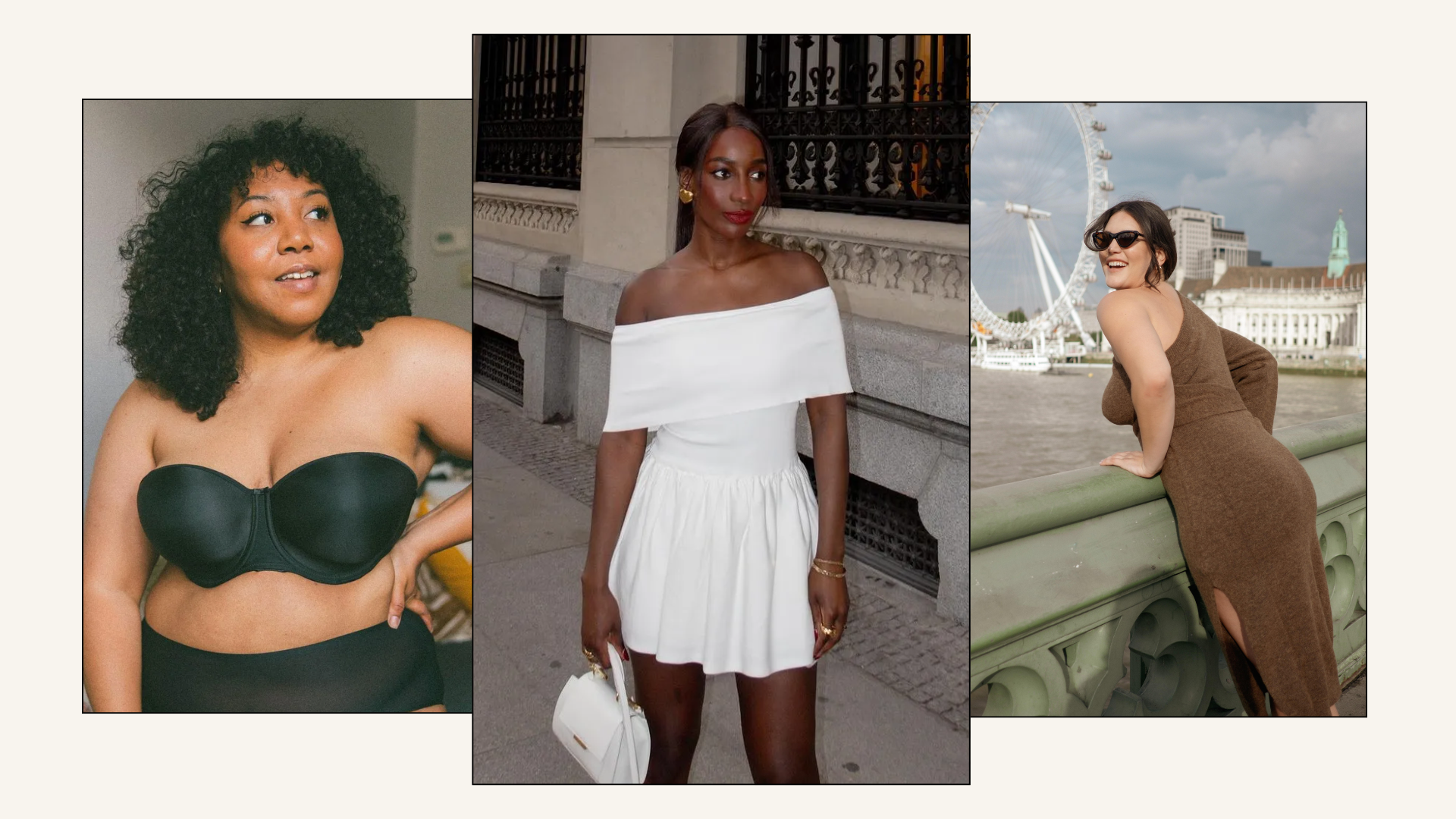 A collage of women wearing dresses and strapless bras