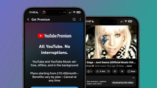 Two smartphones showing the YouTube Premium signup page and the music video to Just Dance by Lady Gaga