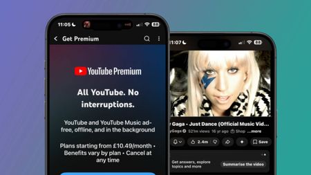 Two smartphones showing the YouTube Premium signup page and the music video to Just Dance by Lady Gaga