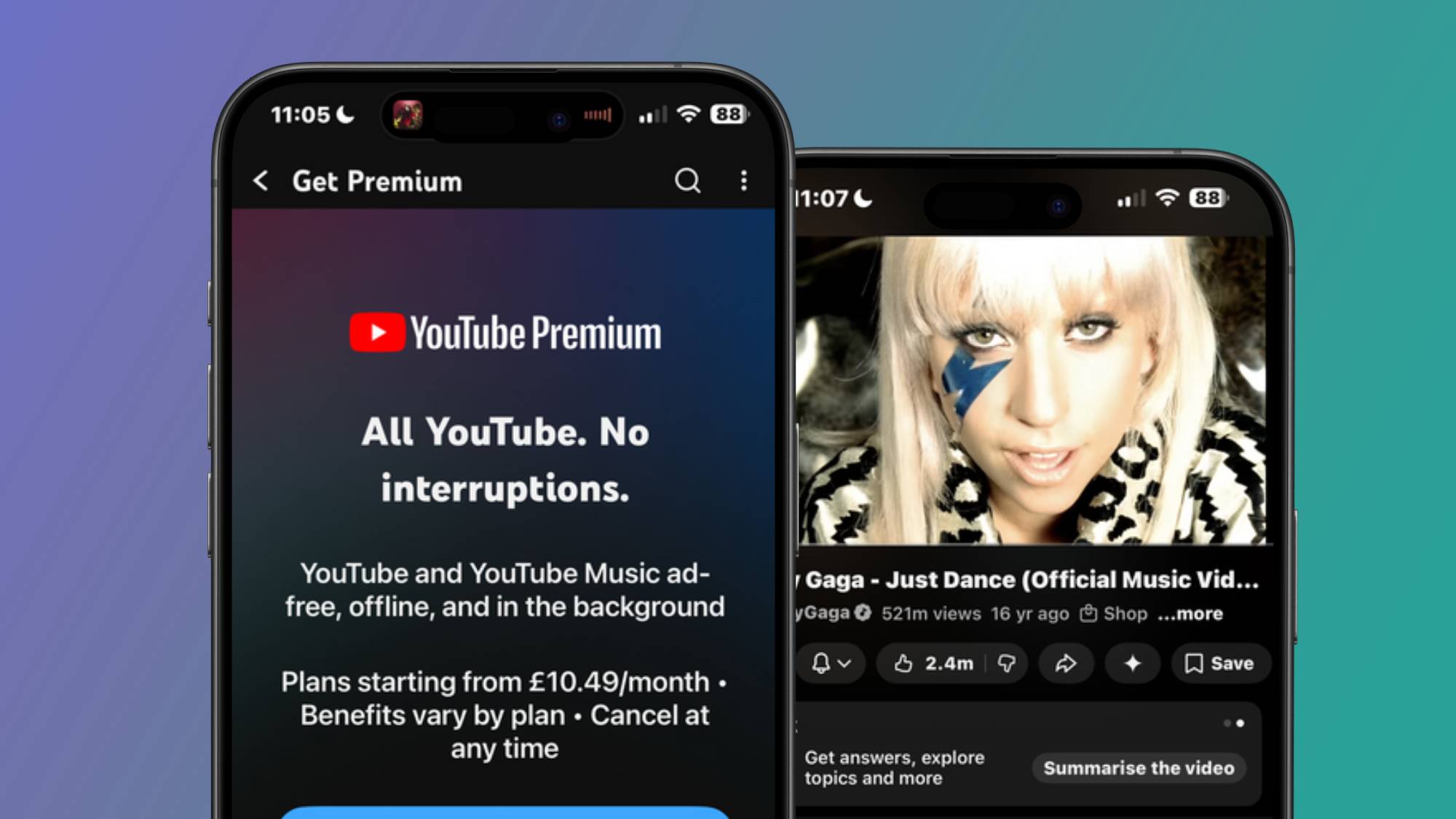 Two smartphones showing the YouTube Premium signup page and the music video to Just Dance by Lady Gaga