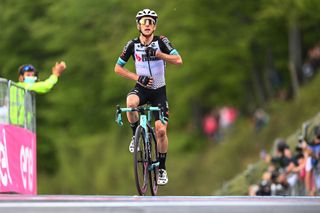 ALPE DI MERA VALSESIA ITALY MAY 28 Simon Yates of United Kingdom and Team BikeExchange stage winner celebrates at arrival during the 104th Giro dItalia 2021 Stage 19 a 166km stage from Abbiategrasso to Alpe di Mera Valsesia 1531m Team Presentation Stage modified due to the tragic events on May the 23rd 2021 that involved the Mottarone Cableway UCIworldtour girodiitalia Giro on May 28 2021 in Alpe di Mera Valsesia Italy Photo by Stuart FranklinGetty Images