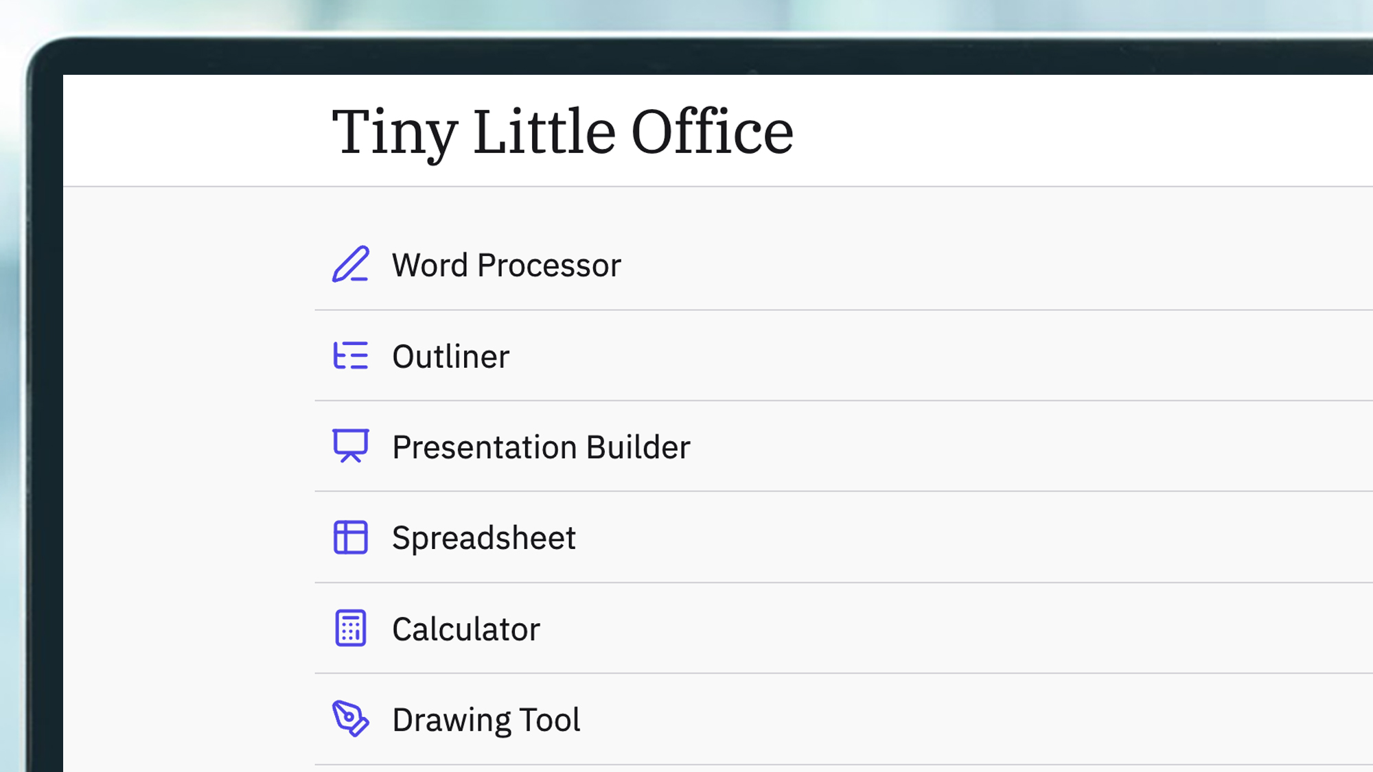 A laptop screen showing the Tiny Little Office web menu
