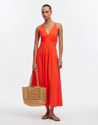 Smocked Halter Midi Dress in Poplin