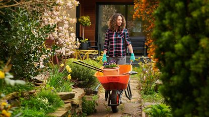 woman taking her tools down the garden in an orange wheelbarrow