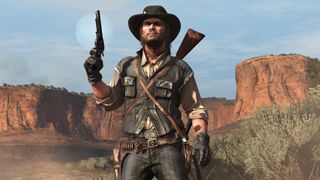 John Marston poses with a revolver against a desert backdrop.