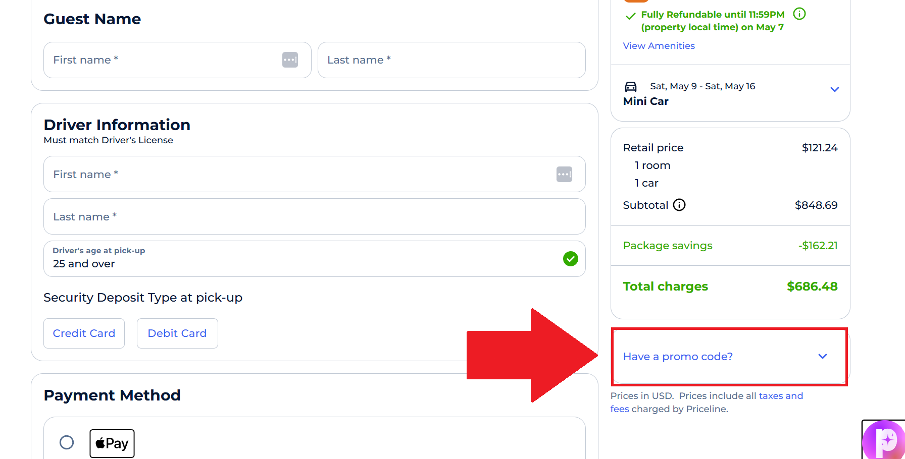 A screenshot showing the priceline checkout page and where to enter a priceline coupon code