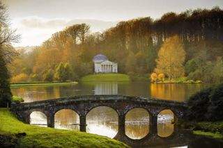 The Pantheon seen from across the lake in the winter at Stourhead, Wiltshire.