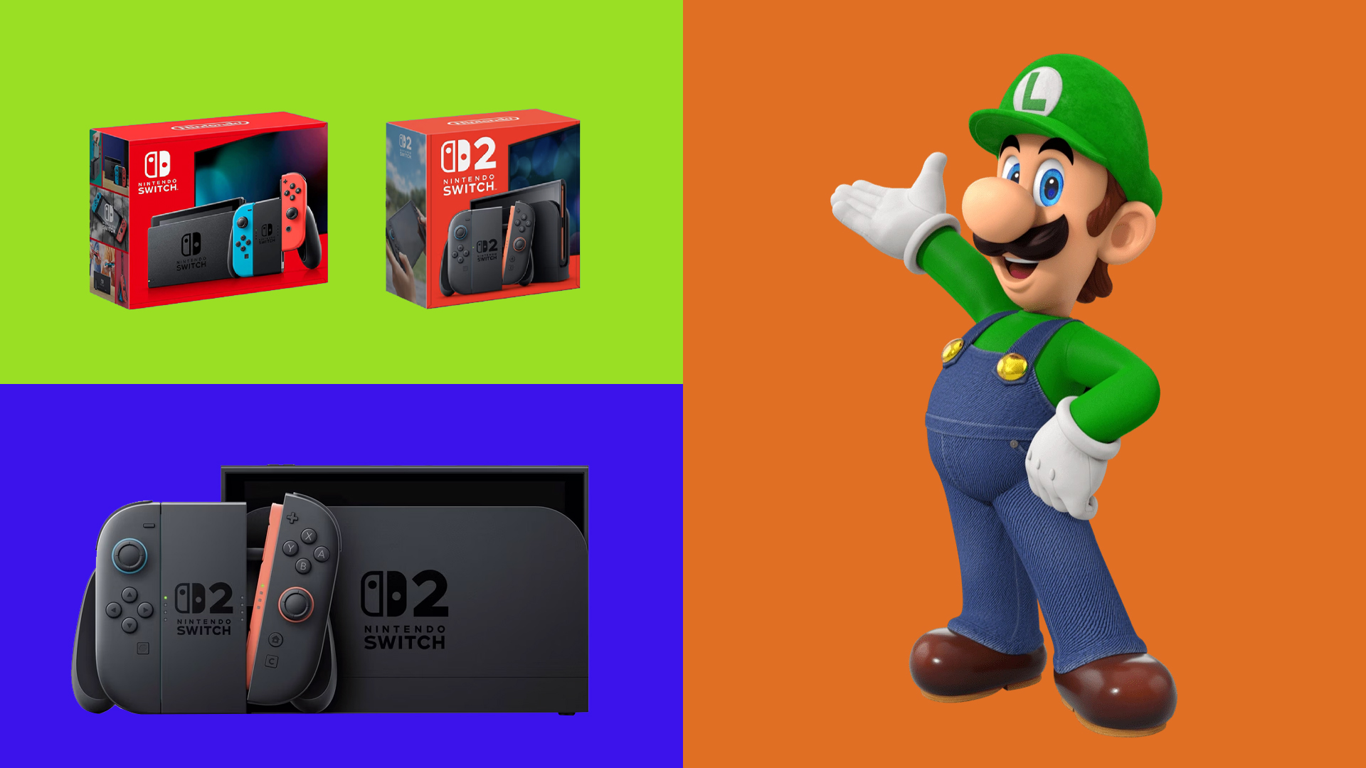 The Nintendo Switch hero Luigi hanging out near some Nintendo Switches. 