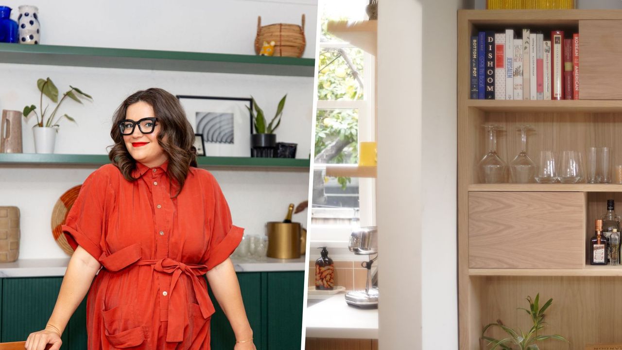 A side-by-side image of Ellen Marie Bennett in a bright orange outfit and black-framed glasses, and an organized shelving unit in a kitchen