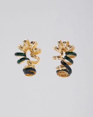 Gold-coated brass curly earrings with green dots on